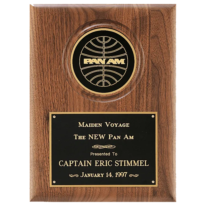 American Walnut Plaque with 4" Diameter Black Disc and Black Brass Plate