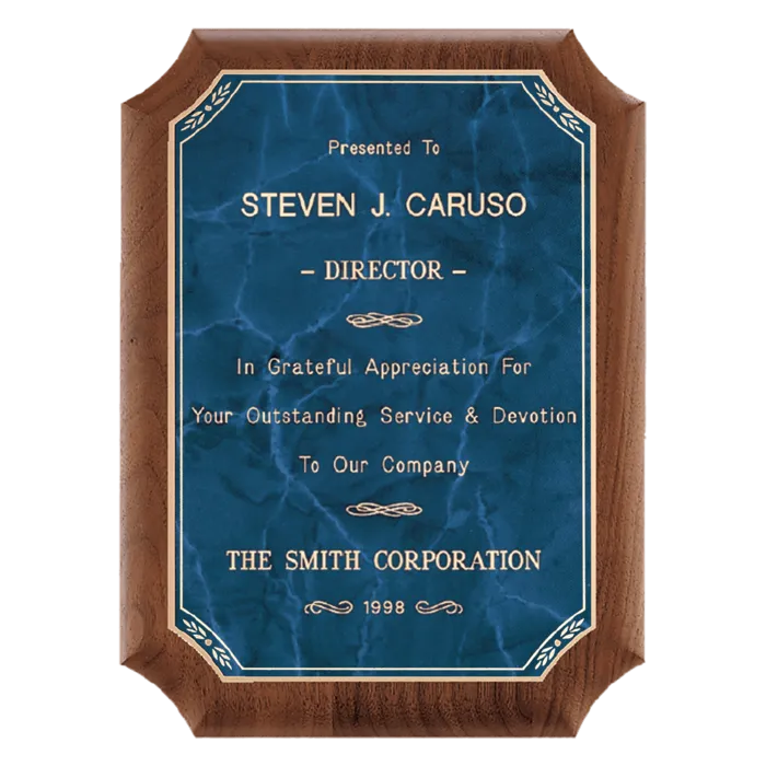 American Walnut Plaque with Gold Border Sapphire Marble LaserFX Plate