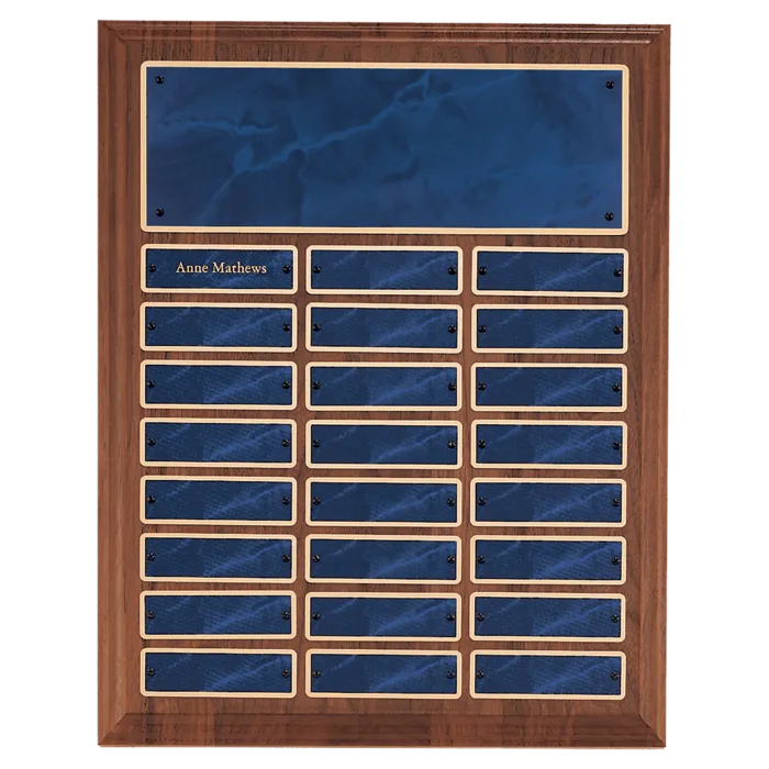 American Walnut 24 Plate Perpetual Plaque with Sapphire Marble Brass Plates (1" x 3 1/4" plates)