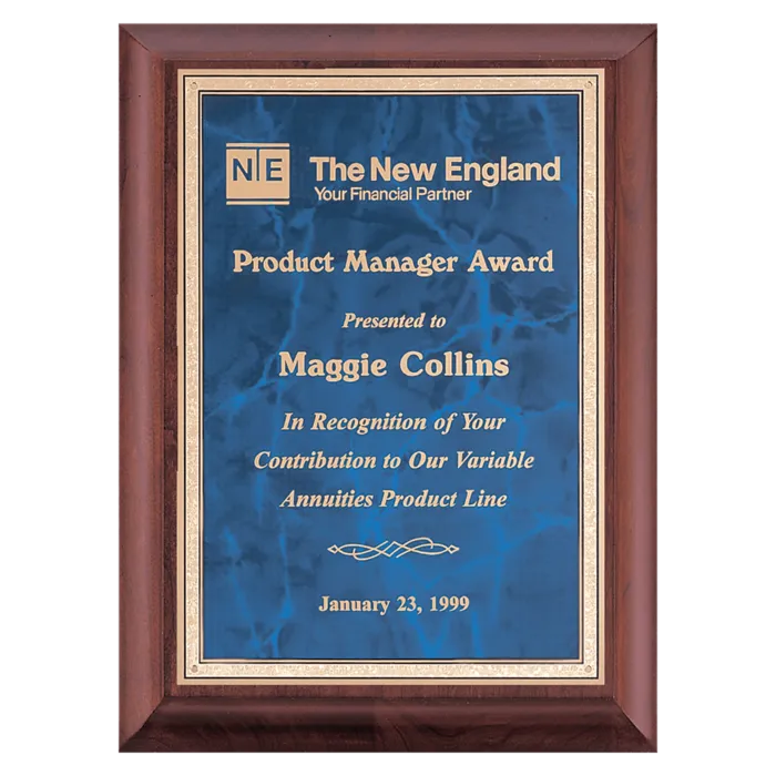 Hand Rubbed Cherry Finish Plaque with Sapphire Marble Gold Border LaserFX Plate