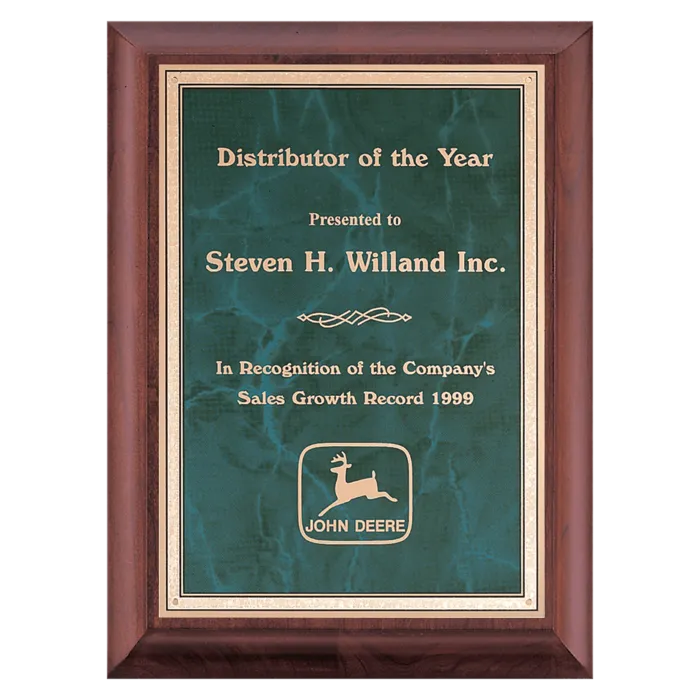 Hand Rubbed Cherry Finish Plaque with Emerald Marble Gold Border LaserFX Plate