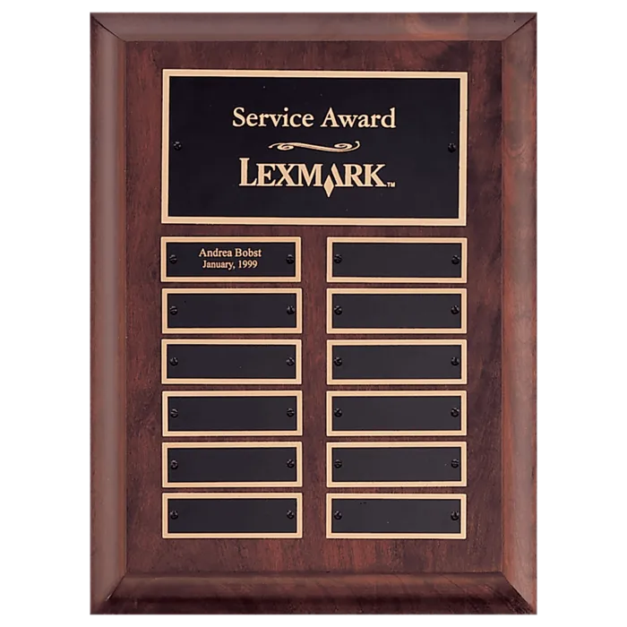 Airflyte Cherry Finish Perpetual Plaque with 12 Gold Border Black Laserable Brass Perpetual Plates