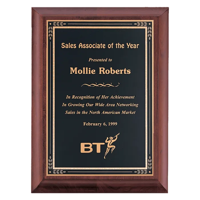 Hand Rubbed Cherry Finish Plaque with Black Gold Florentine Border LaserFX Plate