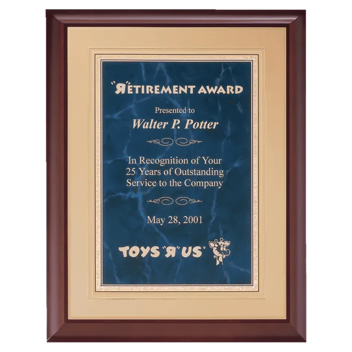 Hand Rubbed Cherry Finish Plaque with a Sapphire Gold Border Florentine LaserFX Plate on an Gold Embossed Back Plate