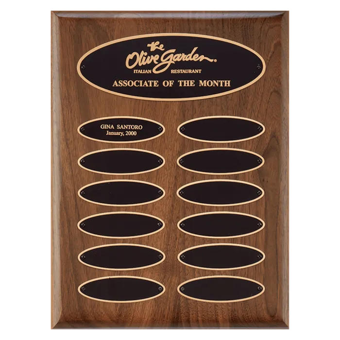 American Walnut 12 Plate Perpetual Plaque with Black Brass Elliptical Plates (1" x 3 1/4" plates)