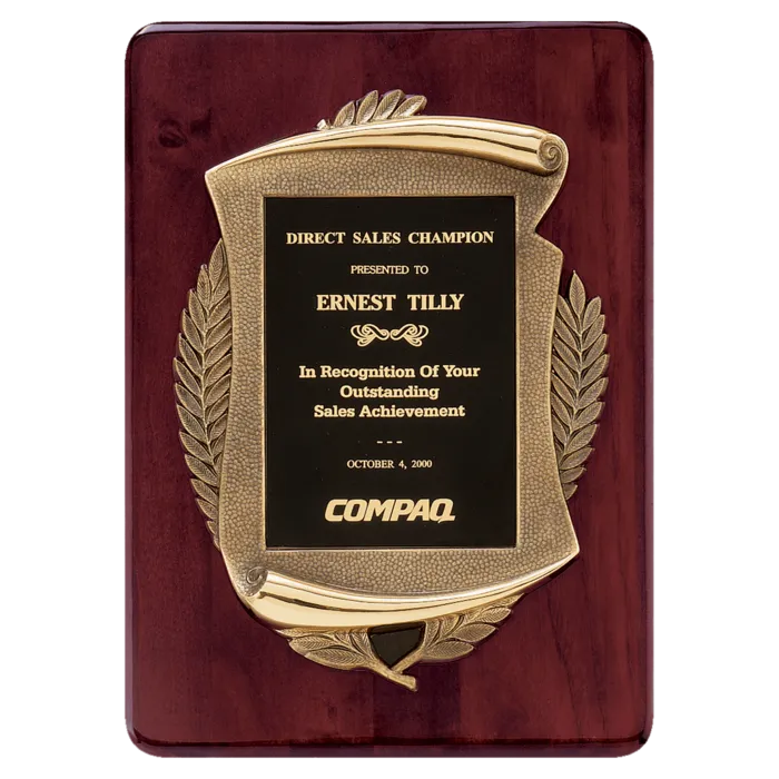 Rosewood Piano Finish Plaque w/Antique Bronze Scroll Frame and Black Brass Plate