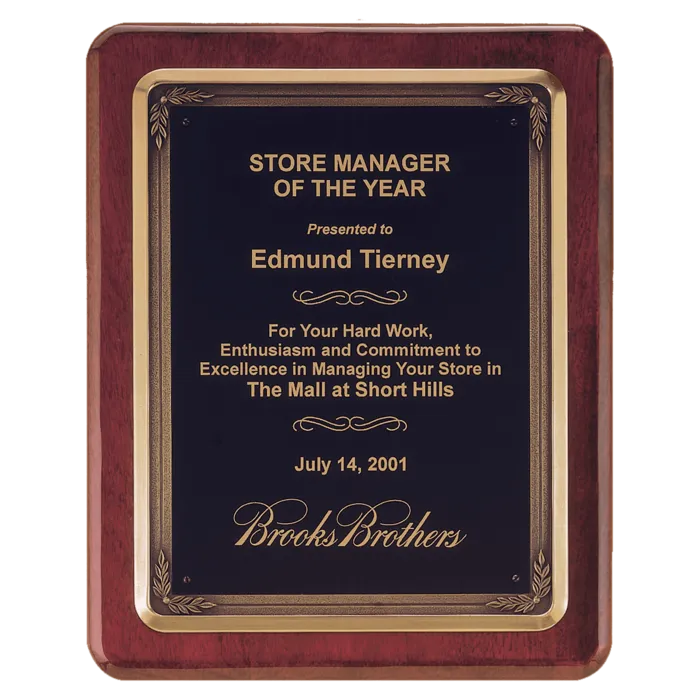 Rosewood Piano Finish Plaque w/Bronze Finish Cast Frame and Black Brass Plate