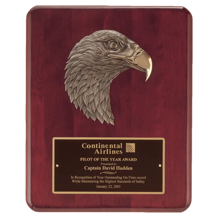Rosewood Piano Finish Plaque with Finely Detailed Bronze Eagle Head Casting with Black Laserable Brass Plate