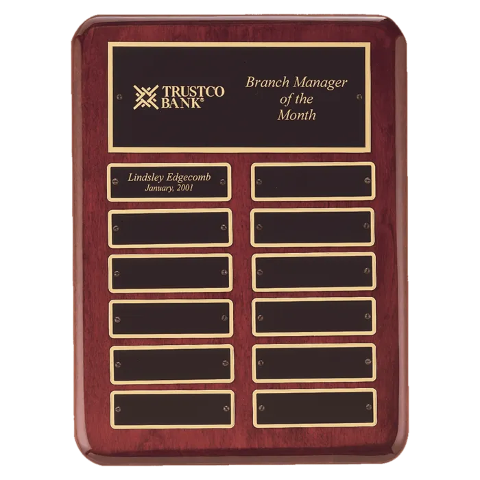 Rosewood Piano Finish 12 Perpetual Plates Plaque with Laserable Black Brass Plates