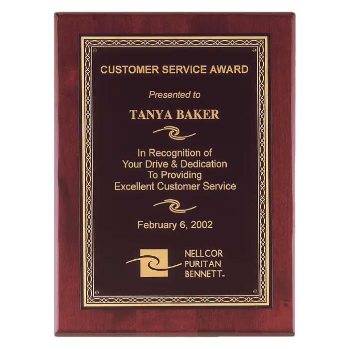 Airflyte Premium Rosewood Piano Finish Plaque with Gold Florentine Border Laserable Black Brass Plate