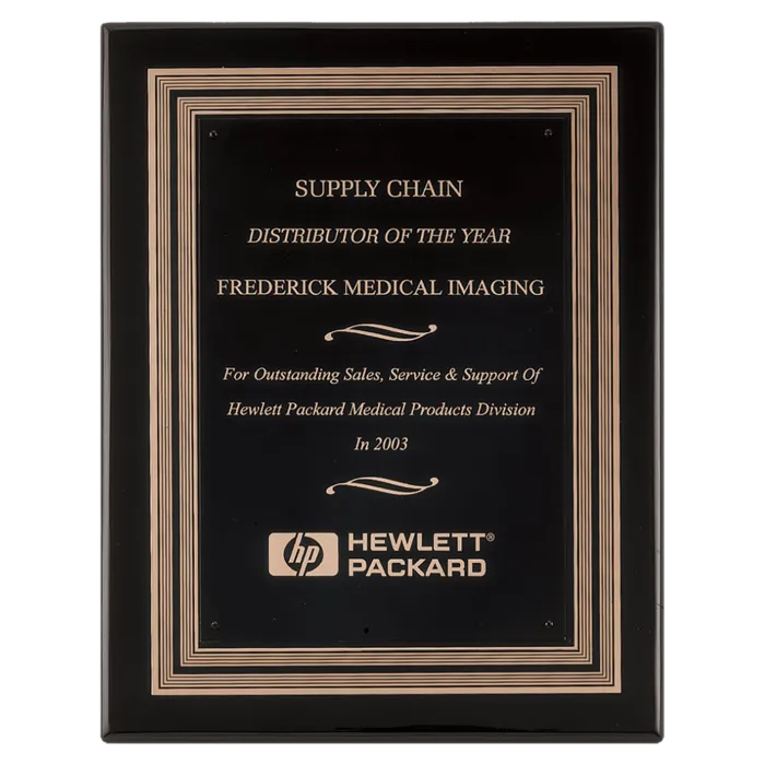 Black Piano Finish Plaque w/Black/Gold Embossed Back Plate & Black Brass Plate