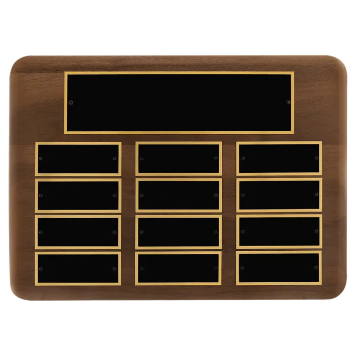 American Walnut 12 Plate Perpetual Plaque with Black Brass Plates (1 1/2" x 3 3/4" plates)