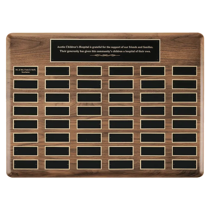 American Walnut 48 Plate Perpetual Plaque with Black Brass Plates (1 1/2" x 3 3/4" plates)