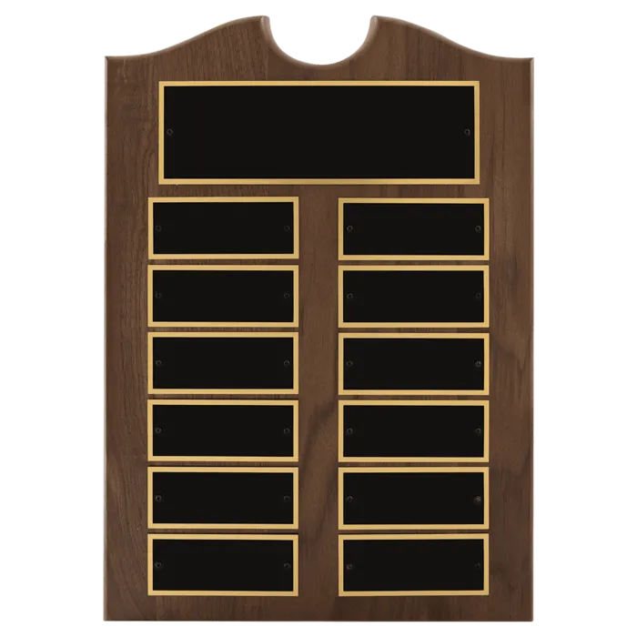 American Walnut 12 Plate Perpetual Plaque with Black Brass Plates (1 1/2" x 3 3/4" plates)