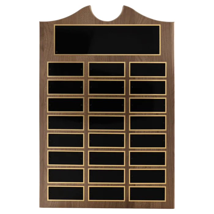 American Walnut 24 Plate Perpetual Plaque with Black Brass Plates (1 1/2" x 3 3/4" plates)