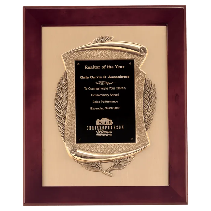 Rosewood Piano Finish Frame with Antique Bronze Castingwith Black LaserFX Plate on Brushed Gold Metal Background
