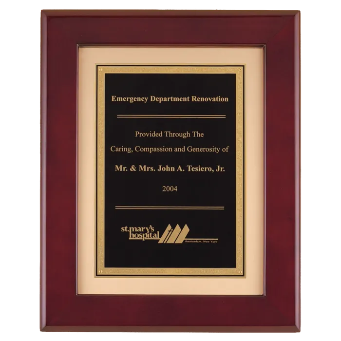 Rosewood Piano Finish Frame with Black LaserFX Plate on Brushed Gold Metal Background