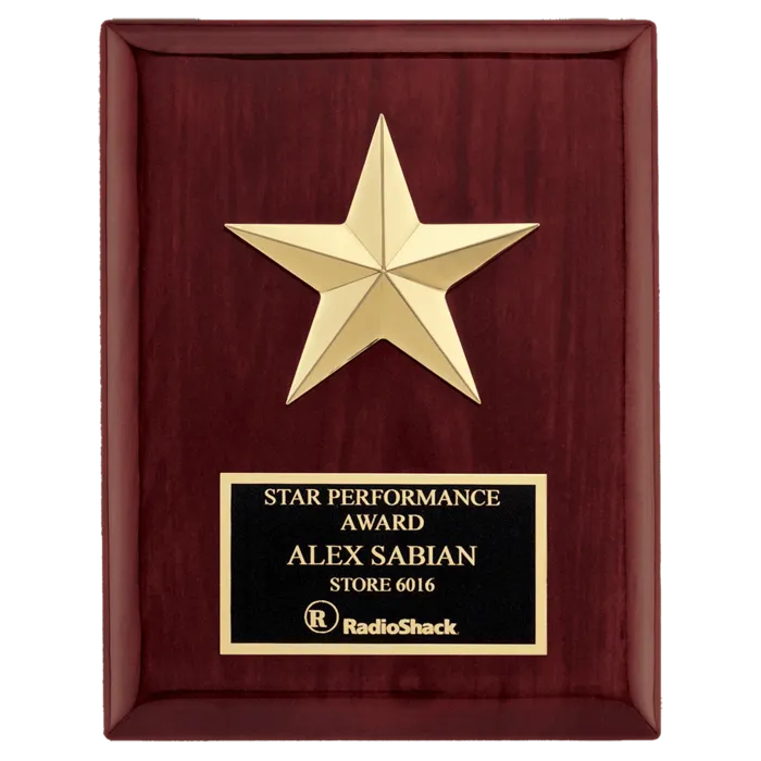 Star Casting with Gabled Points and Goldtone Finish on a Rosewood Piano Finish Plaque with a Black Laserable Plate