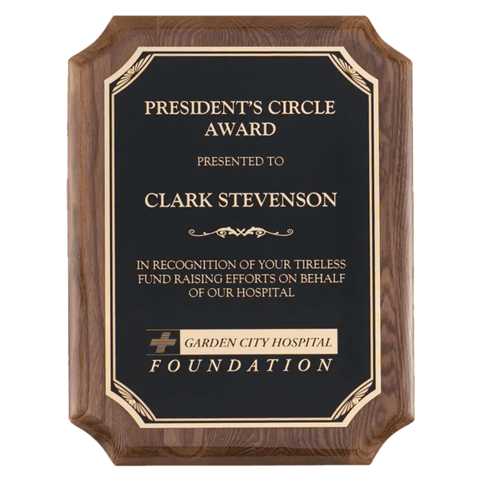 Airflyte Walnut Piano Finish Plaque with Gold Florentine Border Black LaserFX Plate