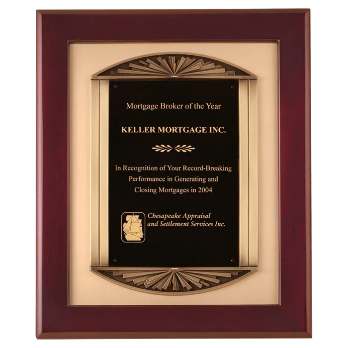 Rosewood Piano Finish Frame with Antique Bronze Finish Frame Casting with Brushed Gold Metal Background and Black LaserFX Plate