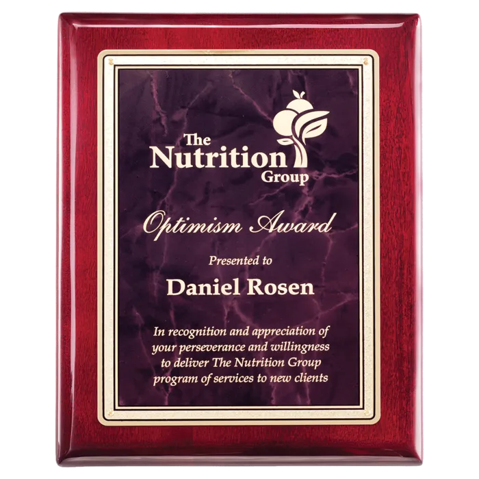 Rosewood Piano Finish Plaque with Ruby Marble/Gold Florentine Design LaserFX Plate