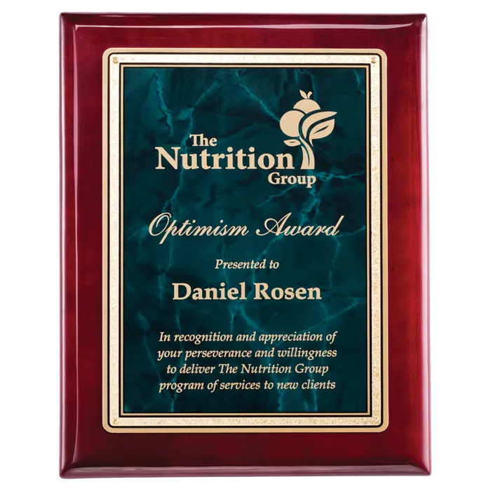 Rosewood Piano Finish Plaque with Emerald Marble/Gold Florentine Design LaserFX Plate
