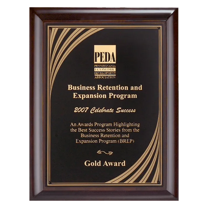 Hand Rubbed Cherry Finish Plaque with Cascading Gold Swirl Design Laserable Black Brass Plate