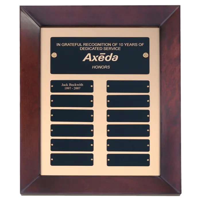 Airflyte Cherry Finish Frame Perpetual Plaque with Gold Metal Background and 12 Laserable Black Brass Plates