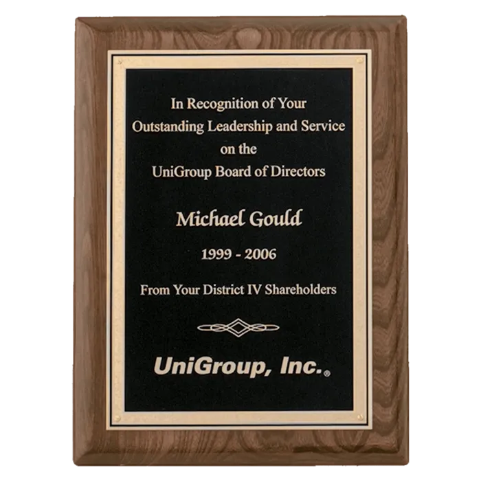 Airflyte Walnut Piano Finish Plaque with Textured Black/Gold FLorentine Border LaserFX Plate