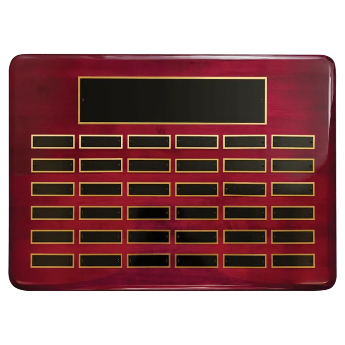 Rosewood Piano Finish 36 Plate Perpetual Plaque with Black Brass Plates (7/8" x 2 3/4" plates)