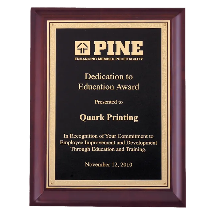 Hand Rubbed Cherry Finish Plaque with Gold Florentine Border Black LaserFX Plate