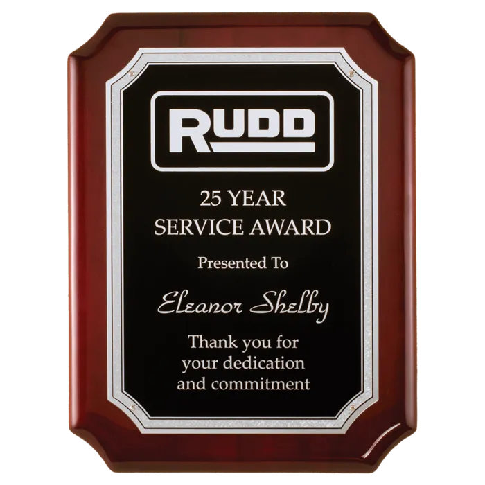 Rosewood High Gloss Plaque with Silver Florentine Border Black Textured Laserable Aluminum Plate