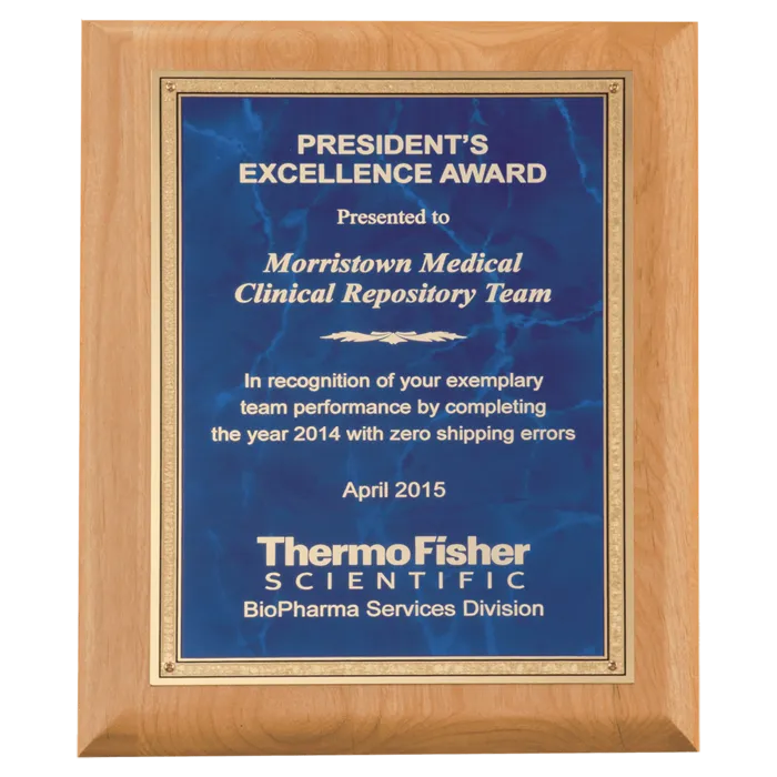 Natural Alder Wood Plaque with Sapphire Marble Gold Florentine Bordered LaserFX Plate