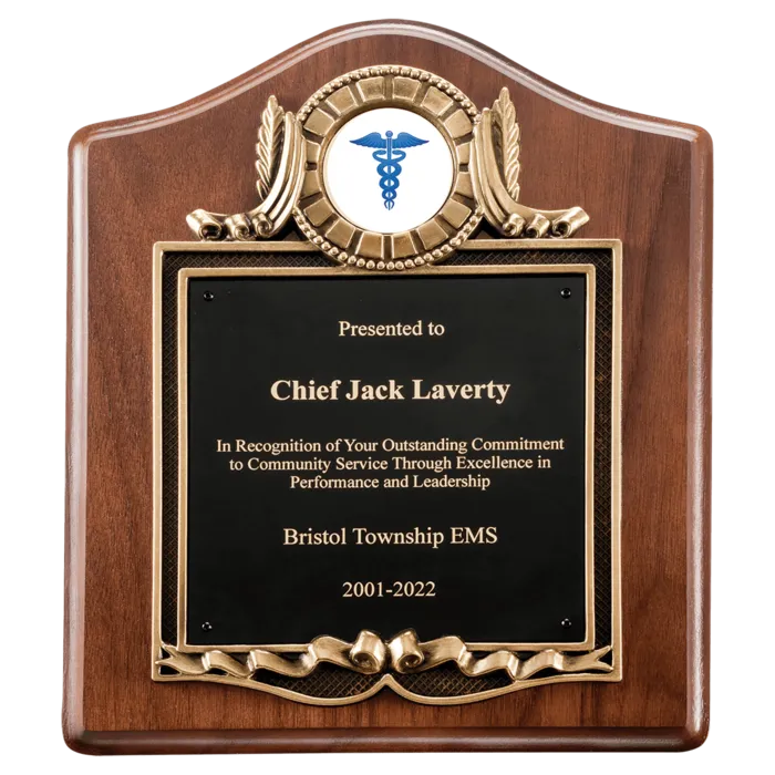 American Walnut Plaque with Gold Border Decorative Frame with 2" Insert Holder, Laserable Black Brass Plate- Witney Series