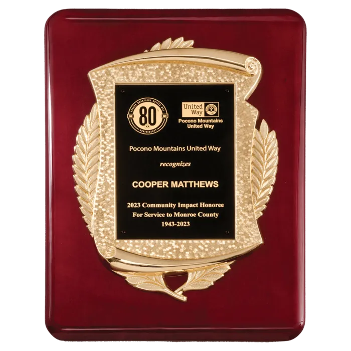 Rosewood Piano Finish Plaque with Metal Gold Scroll Frame Casting and Black LaserFX Plate