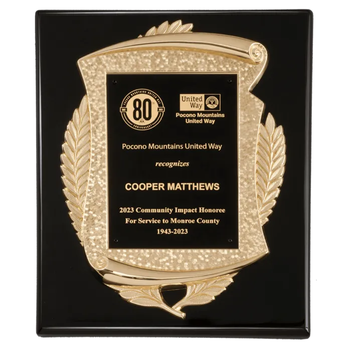 Black High Gloss Plaque with Metal Gold Scroll Frame Casting with Black LaserFX Plate