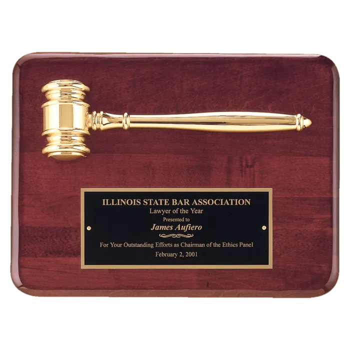 Rosewood Piano Finish Plaque with a Gold Electroplated Gavel and Laserable Black Brass Plate for Personalization