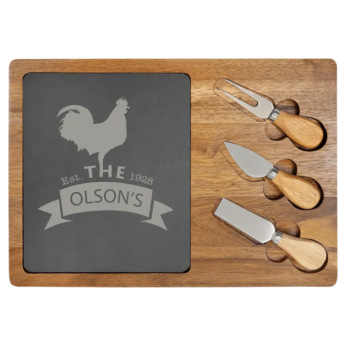 Acacia Wood/Slate Rectangle Cheese Set with Three Tools