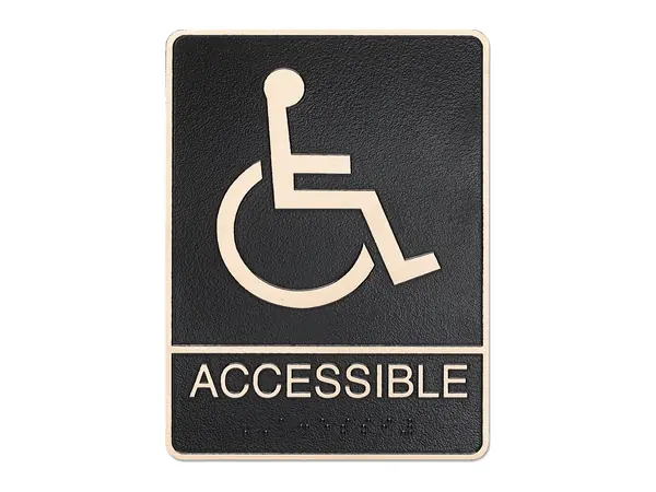 An example of an ADA sign with the accessible symbol, the word ACCESSIBLE and braille