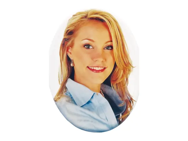 An example of an oval ceramic photo insert with a portrait of a smiling woman