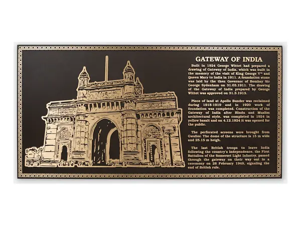 An example of a photo relief bronze plaque showing a stone gateway beside a block of text