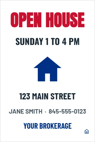 A-frame sign template, open house, reading "OPEN HOUSE", "SUNDAY 1 TO 4 PM" and "123 MAIN STREET", in white