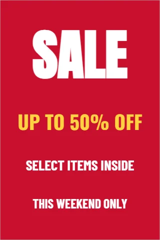 A-frame sign template, sale, reading "SALE", "UP TO 50% OFF" and "SELECT ITEMS INSIDE", in red