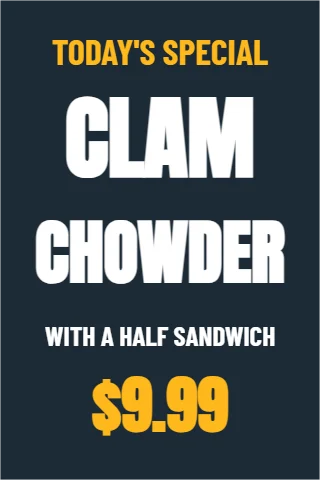 A-frame sign template, today's special, reading "CLAM", "CHOWDER" and "$9.99", in navy