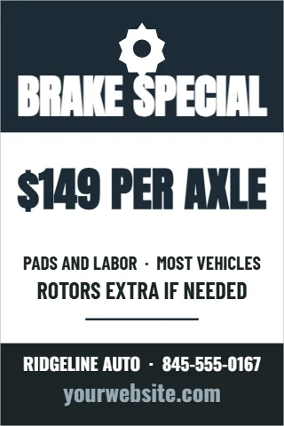 A-frame sign template, brake special, reading "BRAKE SPECIAL", "$149 PER AXLE" and "yourwebsite.com", in navy and white