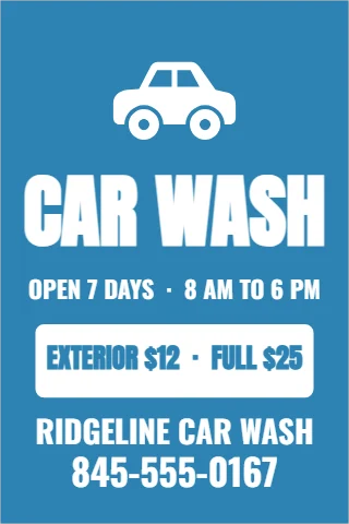 A-frame sign template, car wash, reading "CAR WASH", "RIDGELINE CAR WASH" and "845-555-0167", in blue