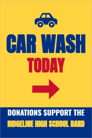 A-frame sign template, charity car wash, reading "CAR WASH", "TODAY" and "DONATIONS SUPPORT THE", in blue and yellow