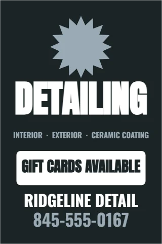 A-frame sign template, detailing, reading "DETAILING", "RIDGELINE DETAIL" and "845-555-0167", in charcoal