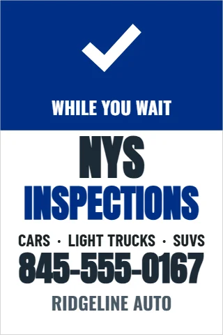 A-frame sign template, NYS inspections, promotional, reading "NYS", "INSPECTIONS" and "845-555-0167", in blue and white