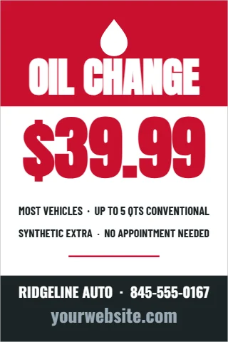 A-frame sign template, oil change special, reading "OIL CHANGE", "$39.99" and "yourwebsite.com", in red and white